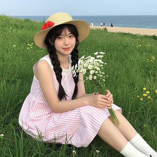 Photograph of an Asian woman with long black hair in braids, wearing a pink-striped dress and straw hat, sitting on grass holding white wildflowers