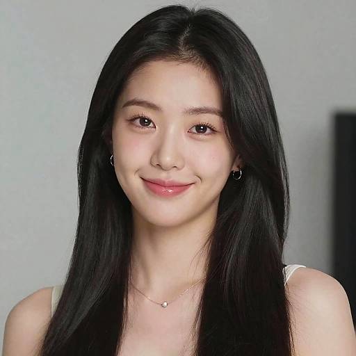 Photograph of a young Asian woman with long black hair, light skin, small hoop earrings, subtle smile, wearing a white top, against a plain