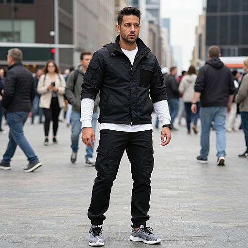 Photograph of a muscular, dark-haired man in a black jacket, white shirt, black pants, and gray sneakers, standing in a bustling urban street