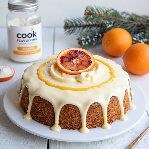 Photograph of a glazed orange cake with a sliced orange on top, surrounded by oranges, pine branches, and a 