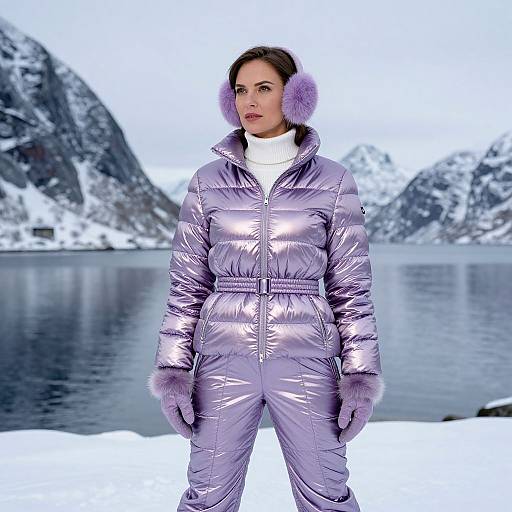Photograph of a fair-skinned woman in a shiny lavender puffer coat, white turtleneck, and purple earmuffs, standing in snowy landscape