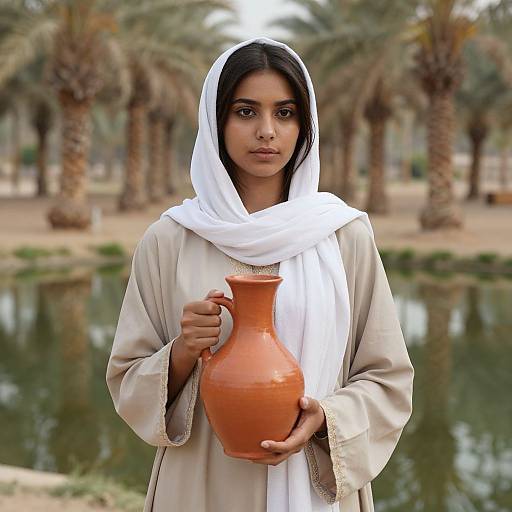 Photograph of a young South Asian woman with dark hair, wearing a white headscarf and beige robe, holding an orange ceramic jug, standing in