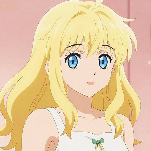 Digital anime-style drawing of a blonde girl with large blue eyes, wearing a white tank top with a green bow, set against a pink background.