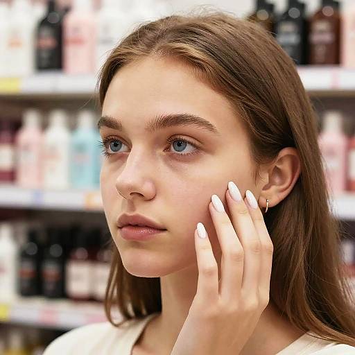 Young Woman Touching Cheek in Beauty Store