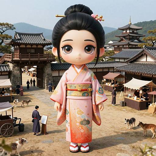 CGI chibi-style anime girl in pink kimono with floral patterns, standing in traditional Japanese village with wooden buildings, people, dogs, and carts