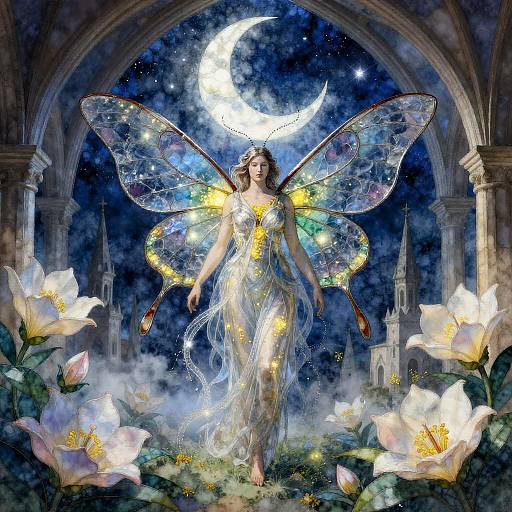 Glass-Winged Moth Goddess in Moonlit Cathedral