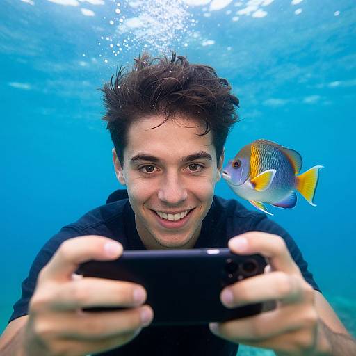Photograph of a smiling young man underwater, holding a black device, with a colorful fish swimming beside him, against a bright blue ocean background.