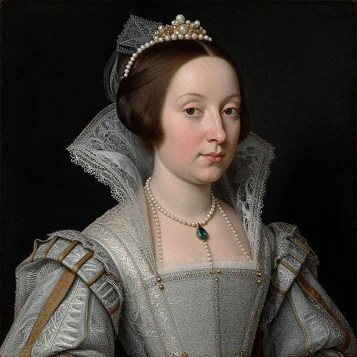 Renaissance-style portrait of a pale-skinned woman with dark brown hair, wearing a silver gown, pearl necklace, and jeweled brooch,