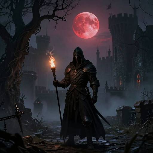 Dark fantasy illustration: armored knight with hooded face holds torch under red moon, standing in misty, ruined castle courtyard.