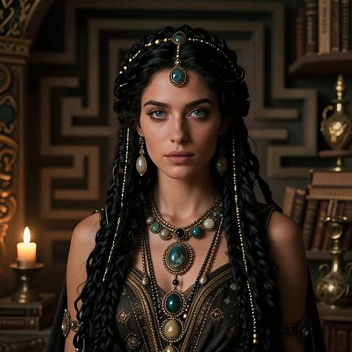 Photograph-style digital artwork of a dark-haired woman with braided hair, wearing ornate green and gold jewelry, in a dimly lit, book