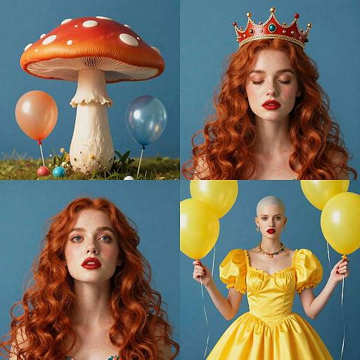 Photograph collage: Red-haired woman with crown, red lips, in yellow dress holding yellow balloons, next to giant mushroom, colorful balloons, blue background