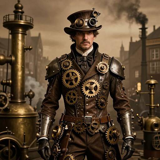 Steampunk soldier with brass gears and metal armor, brown coat, top hat, and goggles, stands in a smoky industrial background. Photoreal