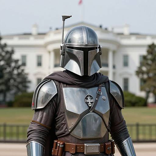 Retro Mandalorian Statue with White House