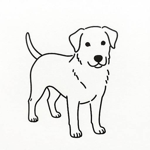 Simple black and white line drawing of a smiling, standing dog with floppy ears and a curled tail on a white background.