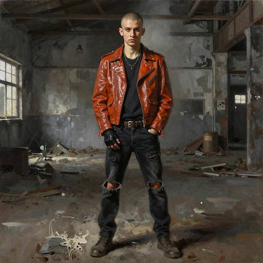 Photograph of a young, bald man in a red leather jacket, black ripped jeans, and black gloves, standing in a dilapidated, dark