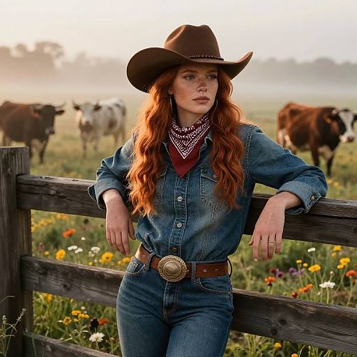 Photograph of a redheaded woman in denim jeans, brown cowboy hat, and red bandana, leaning on a wooden fence in a sunlit field