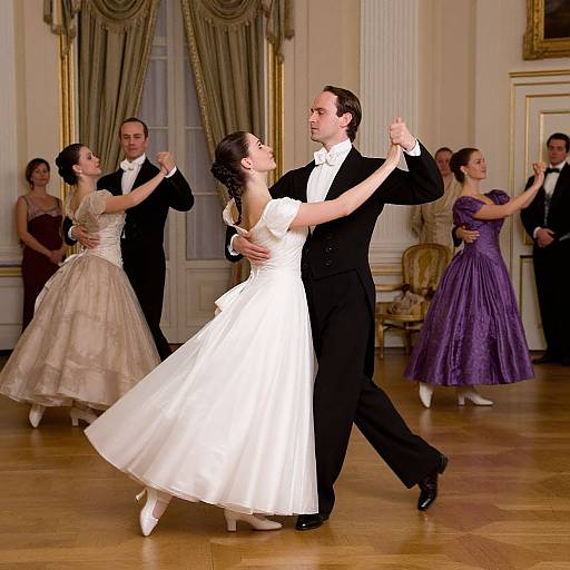 Photograph of a ballroom dance performance in an elegant room; a white-dressed woman and black-suited man lead, surrounded by other dancers in