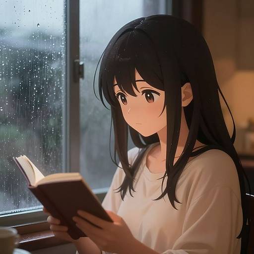 Digital anime-style drawing of a sad-looking girl with long black hair, wearing a white shirt, reading a book by a rain-streaked window.