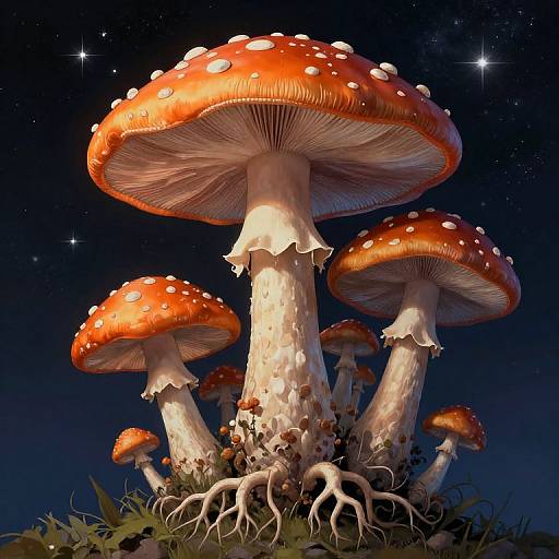 Photorealistic digital art of towering red-and-white-spotted mushrooms with detailed gills and roots, under a starry night sky.