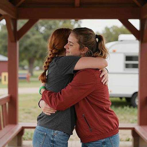 Emotional Embrace Beneath a Red Structure