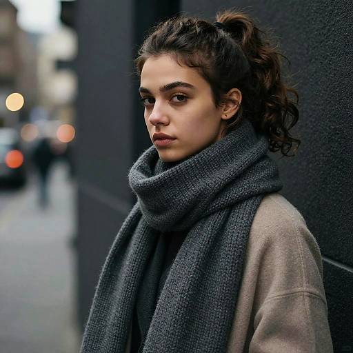 Photograph of a young woman with curly brown hair, wearing a gray knit scarf and beige coat, standing against a dark urban wall, with blurred city
