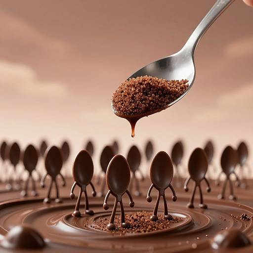 Macro photograph of chocolate spoon dripping onto small chocolate spoon figures on a chocolate surface, with a blurred background.