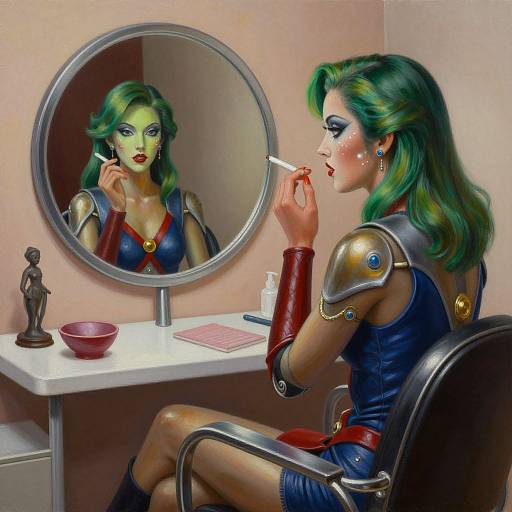 Digital painting of a green-haired woman with blue dress, silver armor, and red gloves, applying lipstick in front of a mirror.