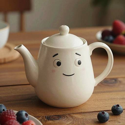 Photograph of a white ceramic teapot with a smiling face, black eyes, and blush marks, sitting on a wooden table with blueberries and a