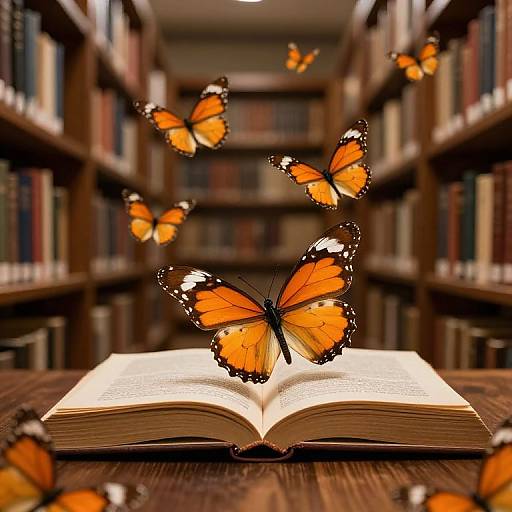 Photograph of an open book on a wooden table, surrounded by floating orange and black monarch butterflies in a library.