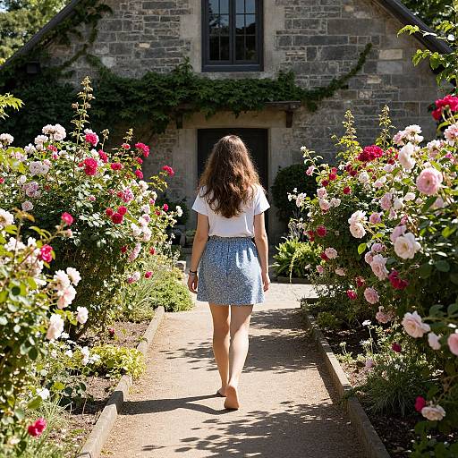 Photograph of a woman with long brown hair, white top, blue floral skirt, walking barefoot along a sunlit rose garden path to a stone