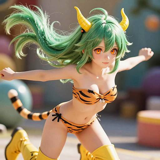 Digital anime-style image of a green-haired girl with yellow horns and orange tiger-striped bikini, running with a playful expression.