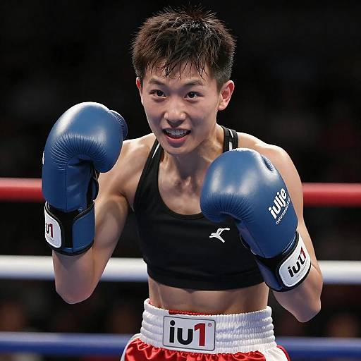 Young Boxer with Blue Gloves in Ring