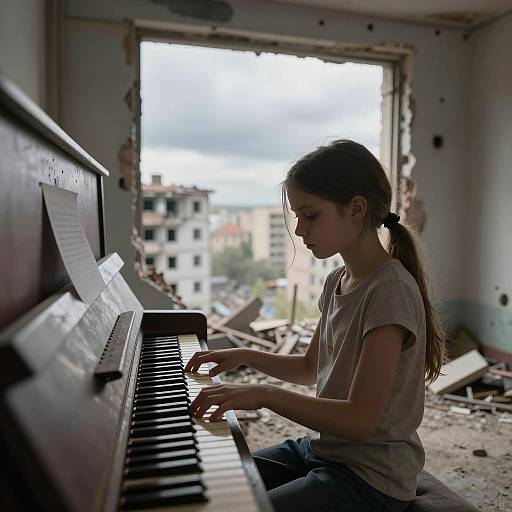 Young Girl Playing Piano in War-Damaged Building