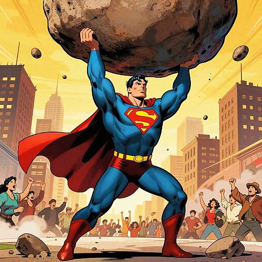 Superman in blue suit with red cape and 