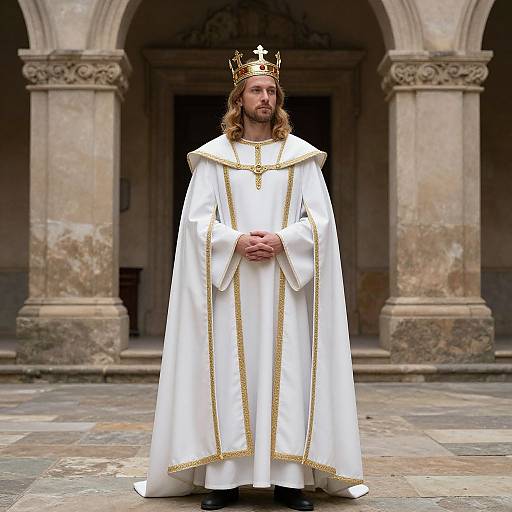 Photograph of a bearded man with long brown hair wearing a gold crown, white and gold ornate robe, standing in a stone courtyard with ar