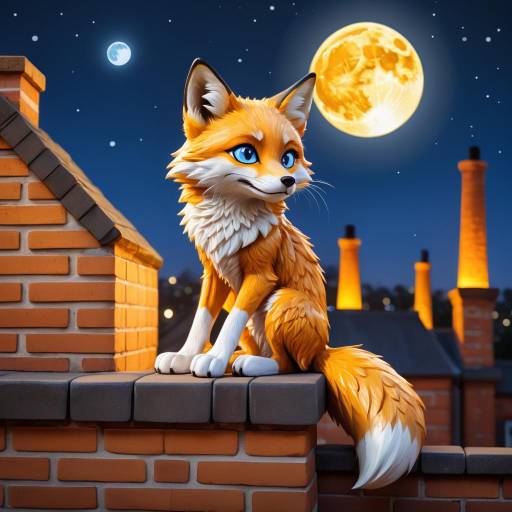 Cartoon Fox Sitting on Rooftop at Night