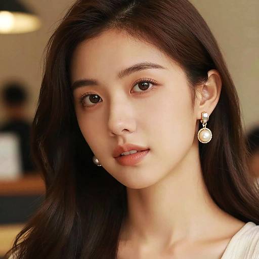 Photograph of an Asian woman with long, dark brown hair, fair skin, and brown eyes, wearing gold drop earrings, slightly parted lips, and