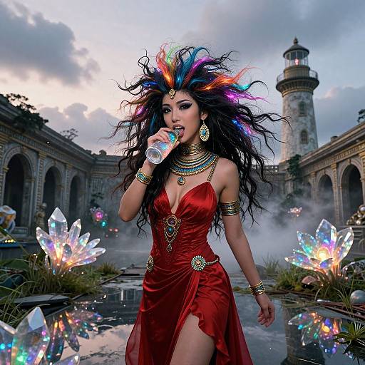 Fantasy photograph of a woman with wild, multicolored hair, wearing a red, sheer dress, jewelry, and drinking from a bottle, standing