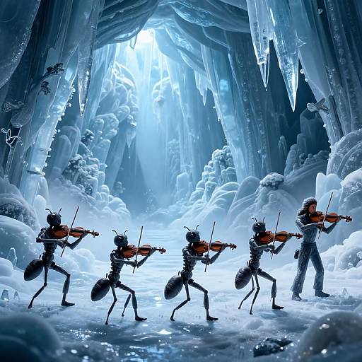 Digital artwork of six anthropomorphic ants playing violins in a glowing, icy cave with towering ice crystals and blue light.