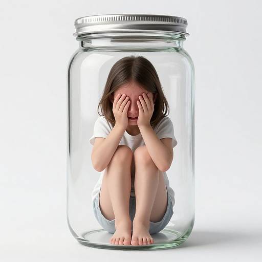 Photograph of a crying, brown-haired child with white shirt and gray shorts, hands covering face, sitting inside a clear glass jar.
