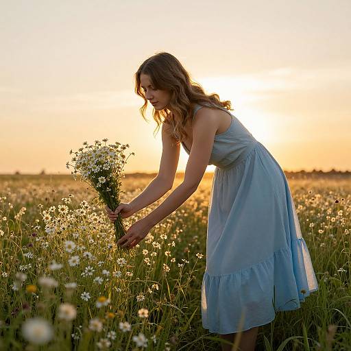 Photograph of a young woman in a light blue dress, gathering wildflowers at sunset in a sunlit, blooming meadow.