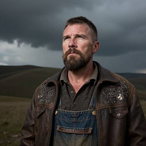 Photograph of a bearded, serious-looking man with short, dark hair wearing a denim shirt and embroidered leather jacket, standing under a dramatic, cloudy