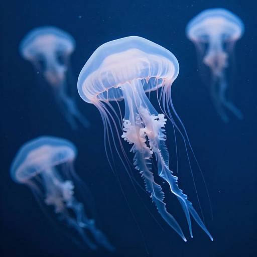 Photograph of glowing blue and white jellyfish with translucent, flowing tentacles, floating in a dark, deep blue ocean background.