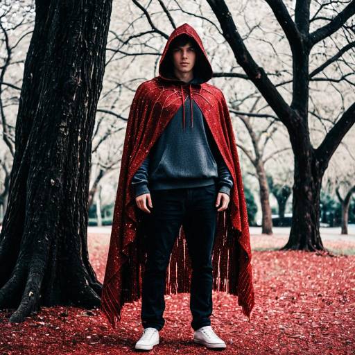 Young Man in Red Glitter Hooded Cloak in Forest
