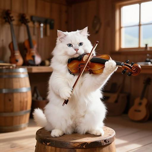 Adorable white kitten with blue eyes playing a violin on a wooden stool in a cozy, sunlit wooden music room.