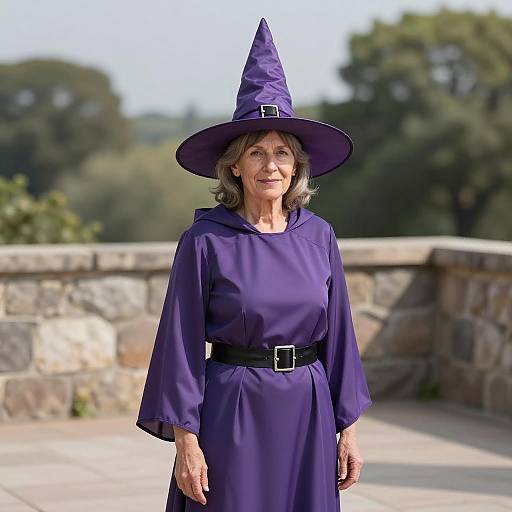 Older Woman in Purple Witch Costume Outdoors
