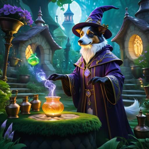 Magical Dog Mage in Enchanted Garden