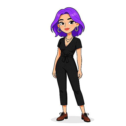 Digital cartoon of a confident woman with purple hair, wearing a black jumpsuit, brown shoes, hoop earrings, and necklace, standing against a white background