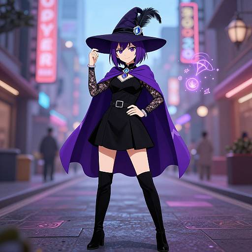 Anime-style digital drawing of a purple-haired witch in a black dress, cape, and hat, standing confidently on a neon-lit street.