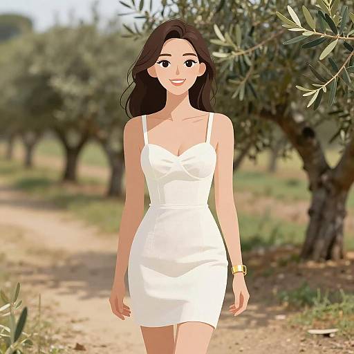 Digital illustration of a smiling woman with long dark hair, wearing a white strapless dress, walking through an olive grove.